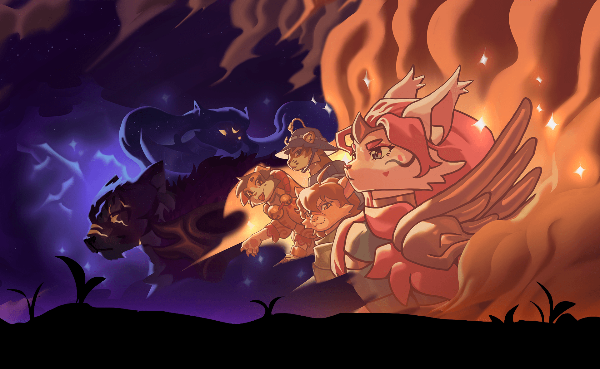 Spelltails heroes facing a fiery horizon